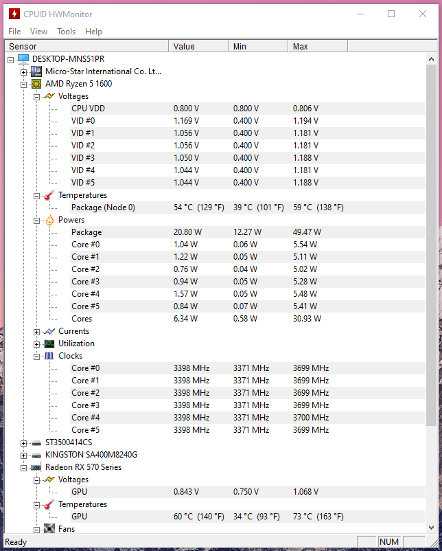 The snapshot displays the CPU temperature during idle