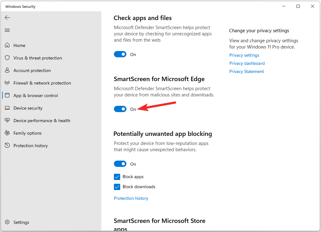 Toggle off the Smartscreen for Microsoft Edge feature