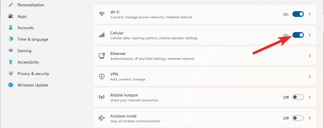 Toggle on Cellular option in Windows 11