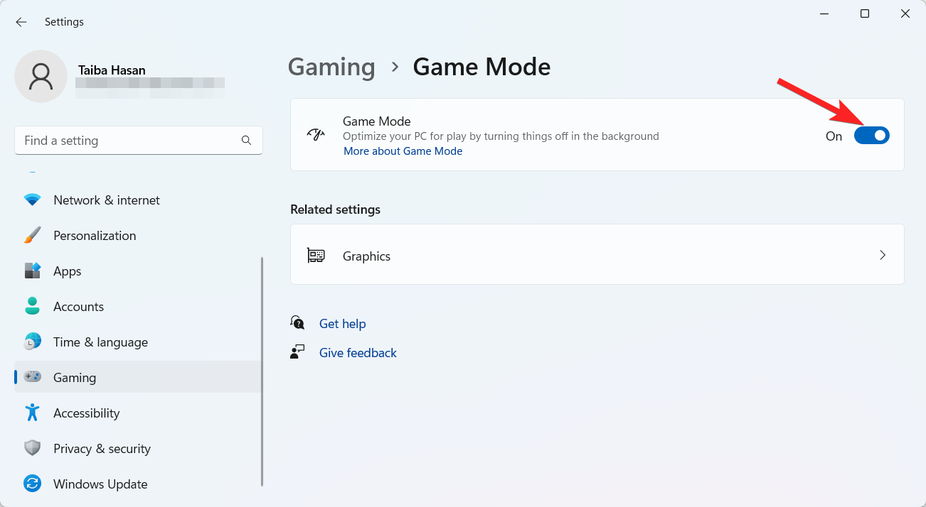 Toggle on the Game Mode feature