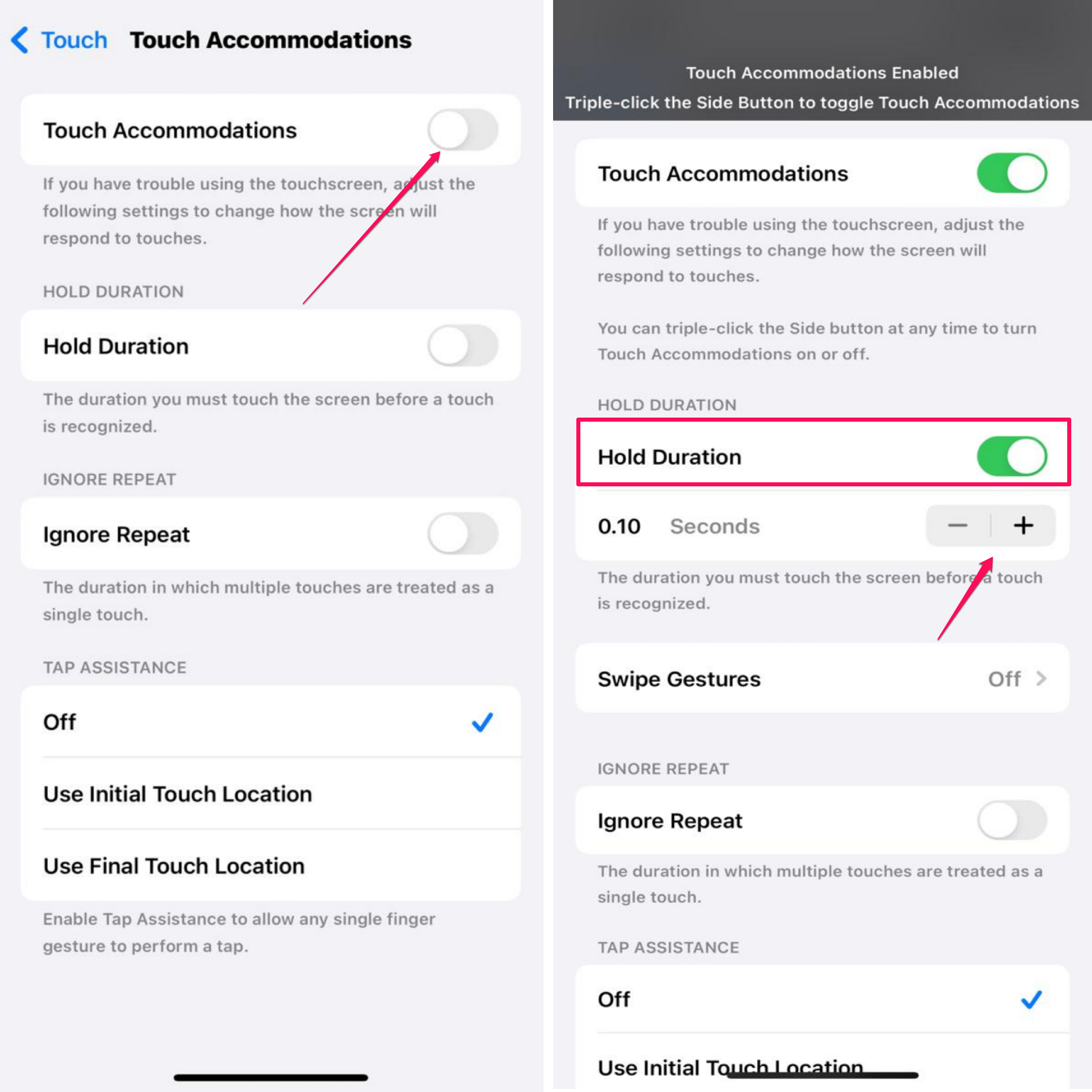 Enable Touch Accommodation and adjust Hold Duration