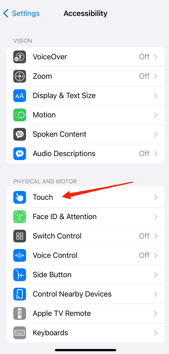Tap on 'Touch' under the 'Physical and Motor' section