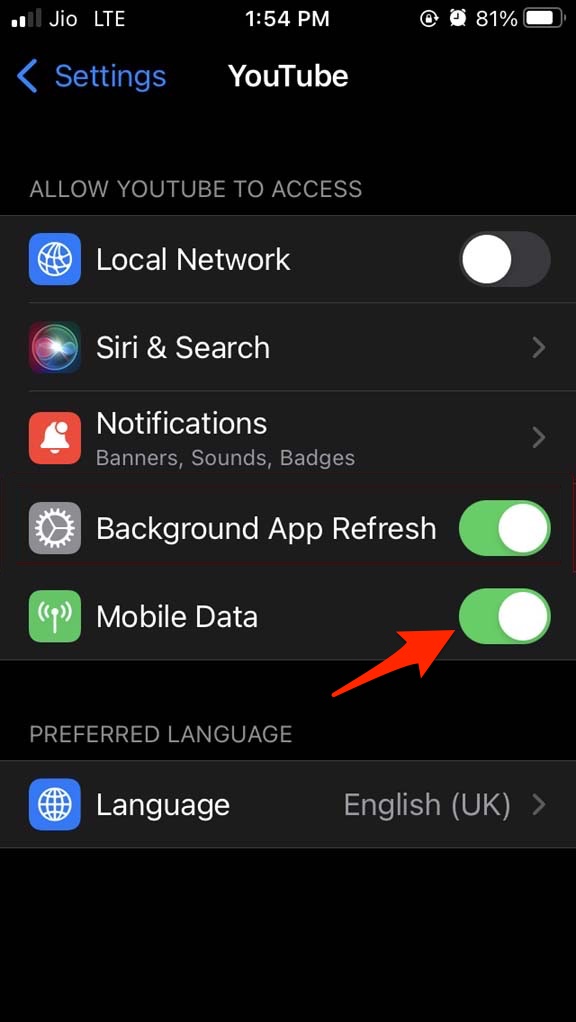 Turn ON Mobile Data Access to YouTube App