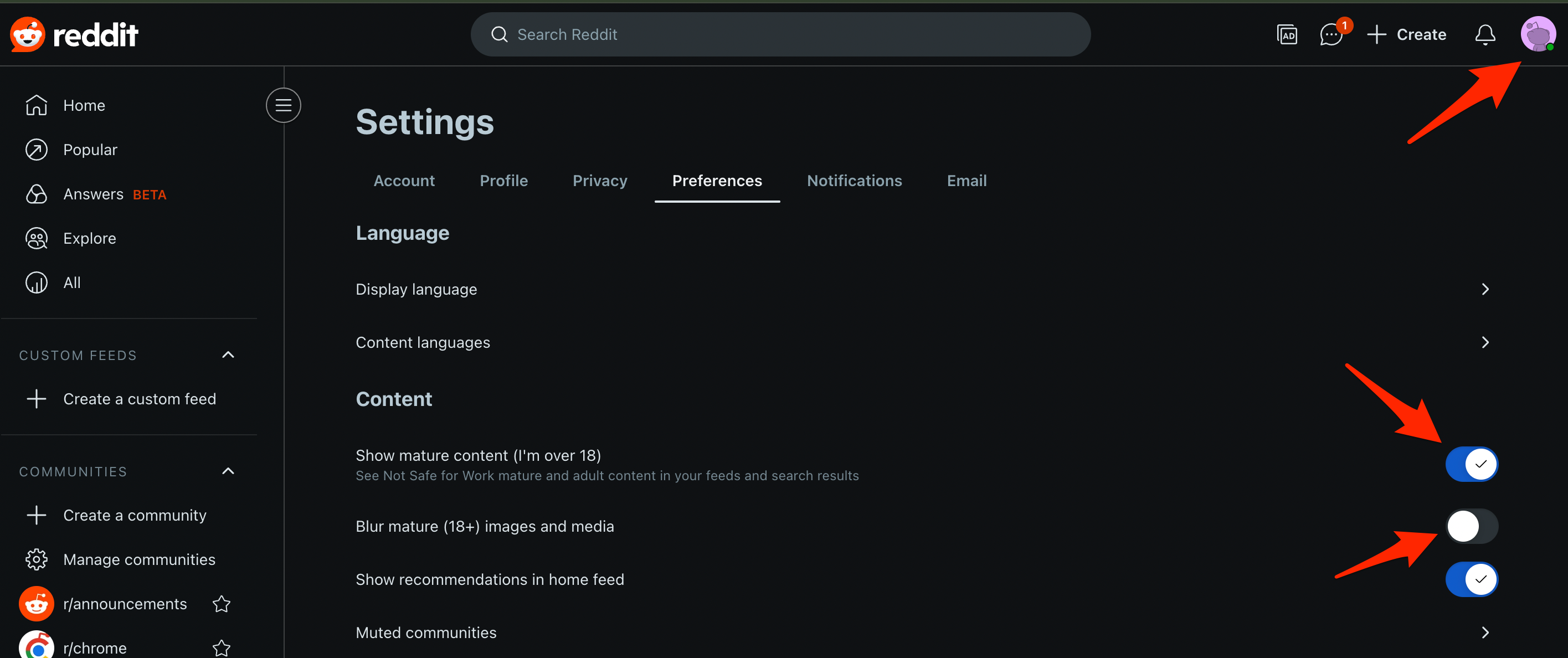 Turn on Show mature content (I’m over 18) and click Yes, I’m Over 18