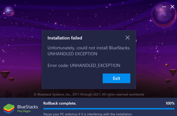 UNhandled Exception Installation Failed