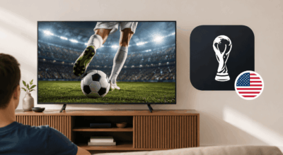 US Man sitting on sofa Watching FiFA Word Cup for on TV