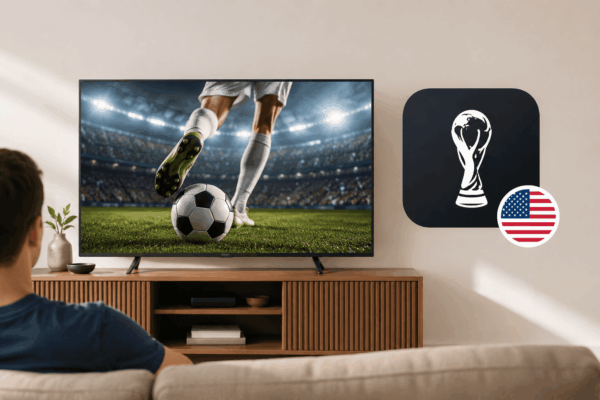 US Man sitting on sofa Watching FiFA Word Cup for on TV