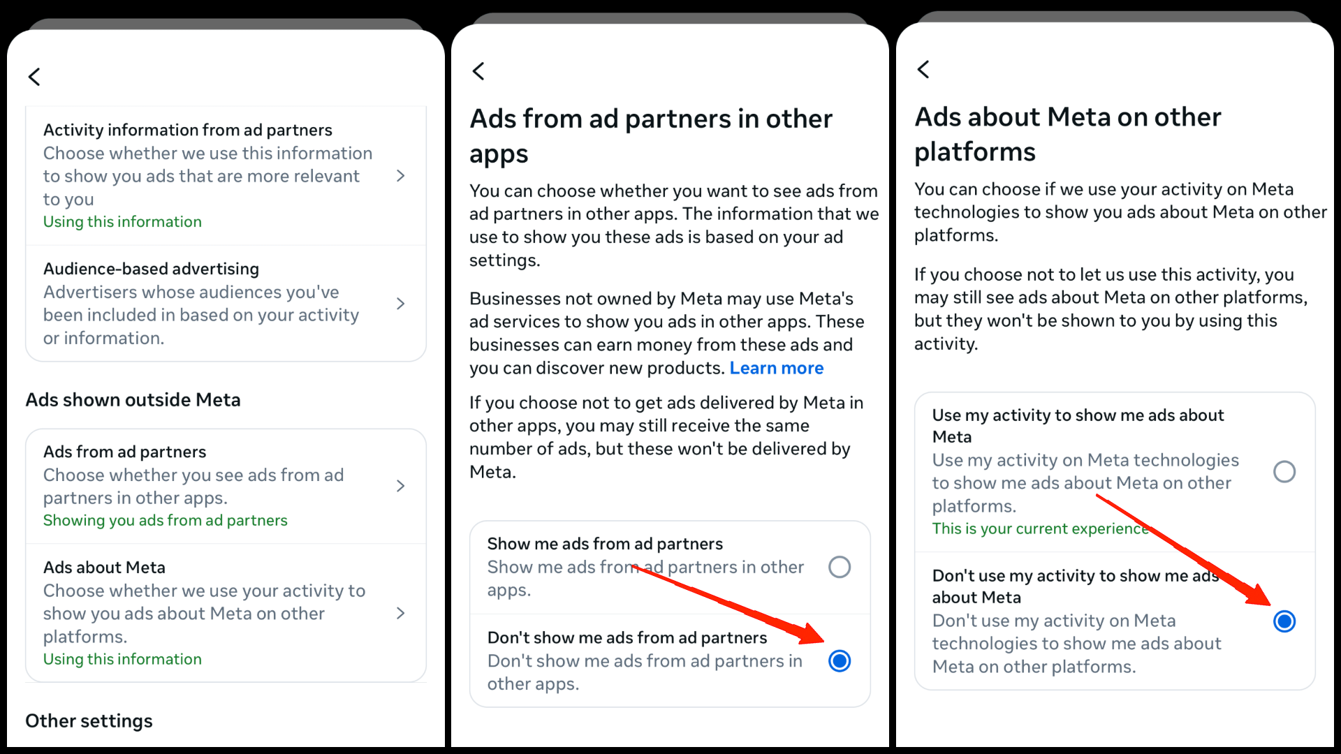 Under Ad Settings, turn off: "Ads based on data from partners" & "Ads based on your activity on Meta Company Products" option.