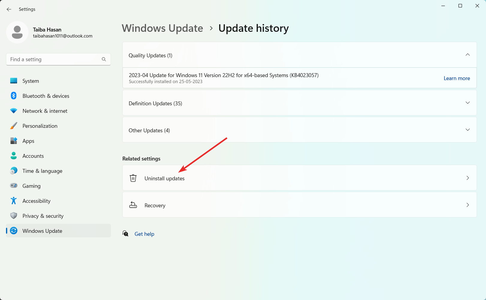 Choose uninstall updates option 