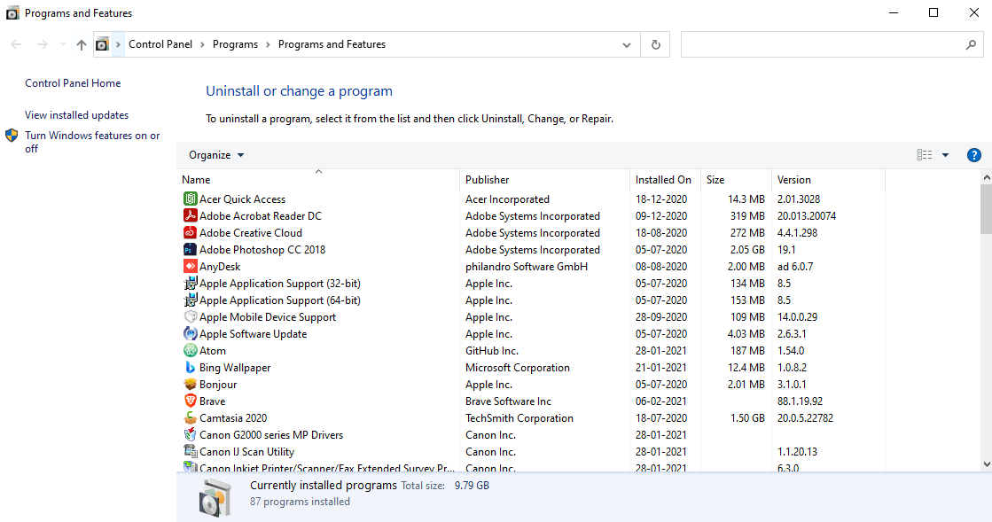 Uninstall or change a program window will appear. Scroll down and search for McAfee and uninstall it from your system