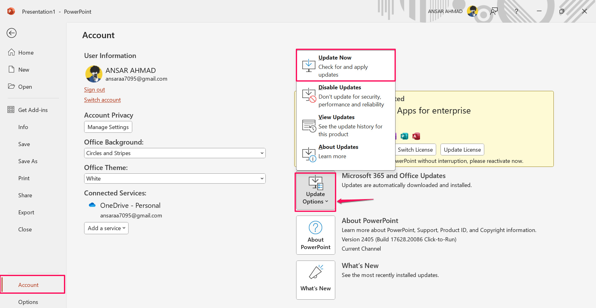 Click on Update Now to update PowerPoint