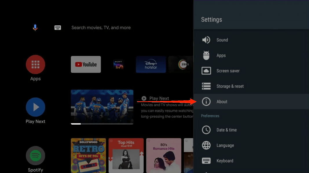 android tv about device settings