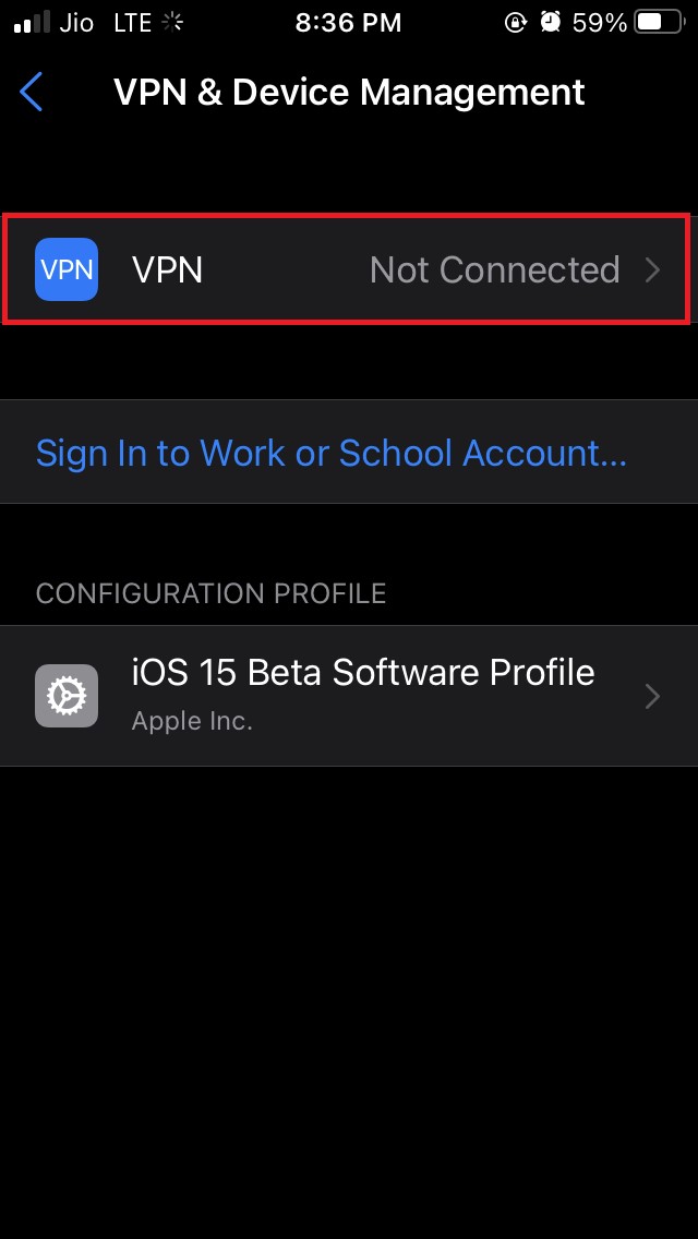 per app vpn profile not found