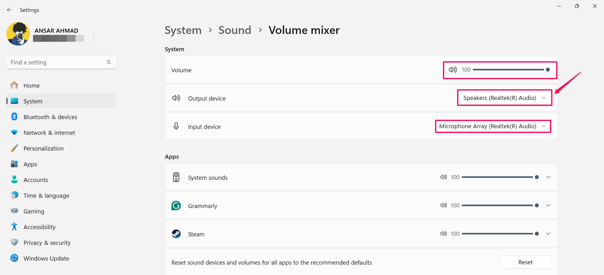 Choose the correct audio input and increase the volume slider
