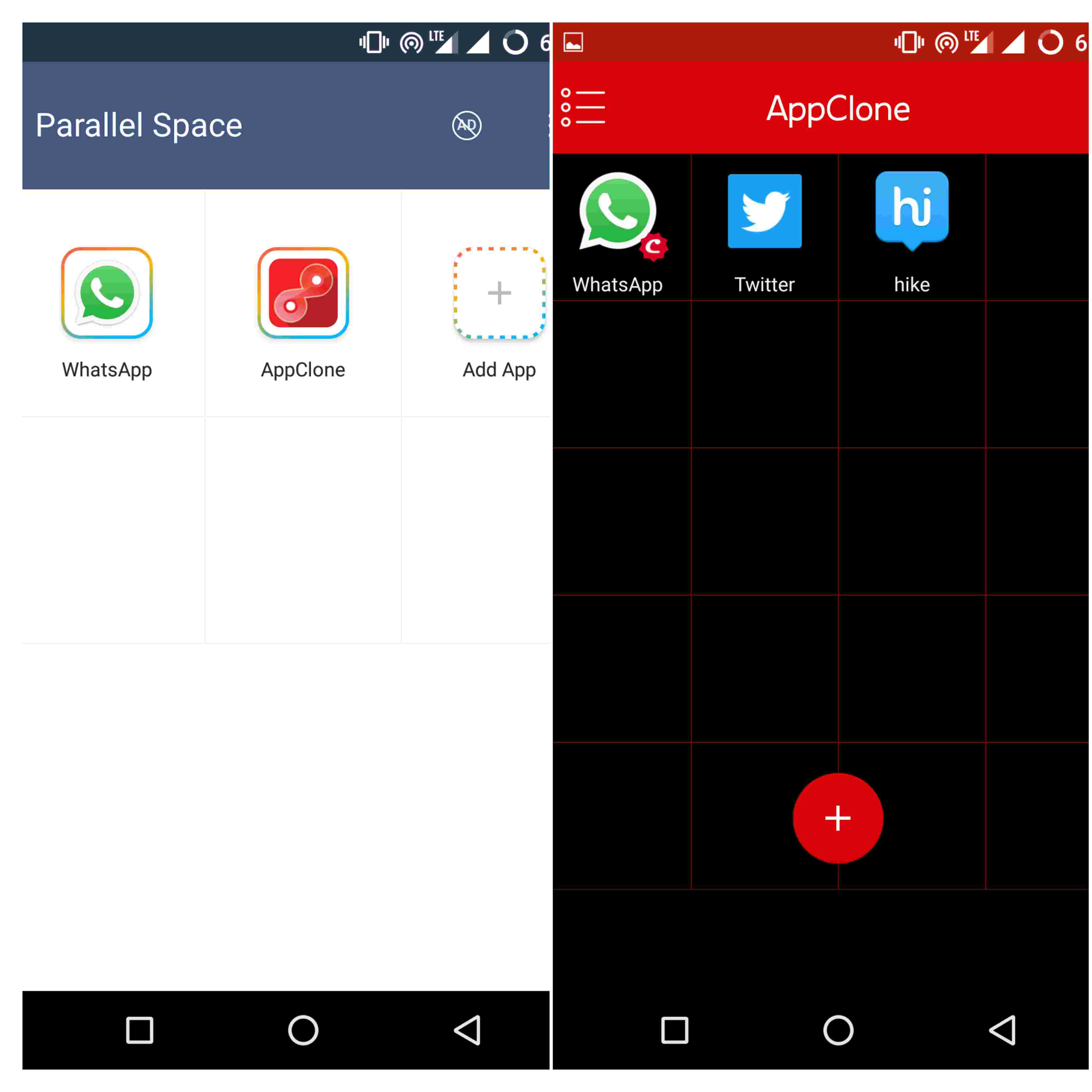 WhatsApp and App Clone Cloned in Parallel Space and WhatsApp Cloned in Cloned App Clone