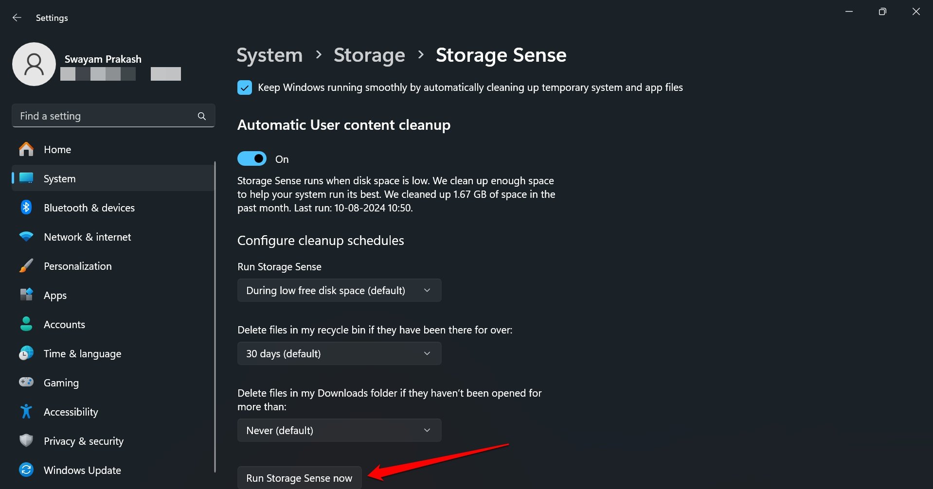 Windows 11 run storage sense now