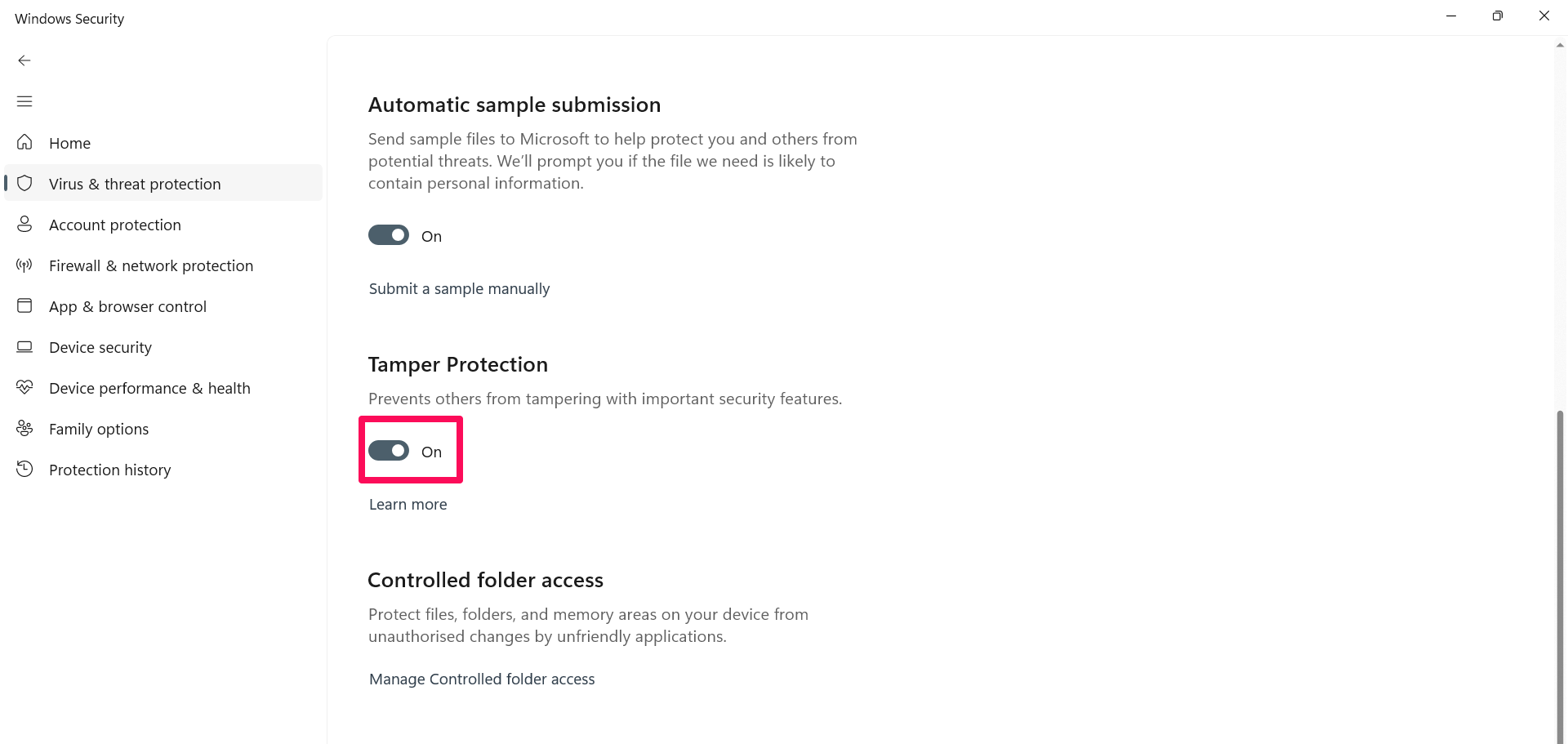 Click on Tamper protection toggle to disable it