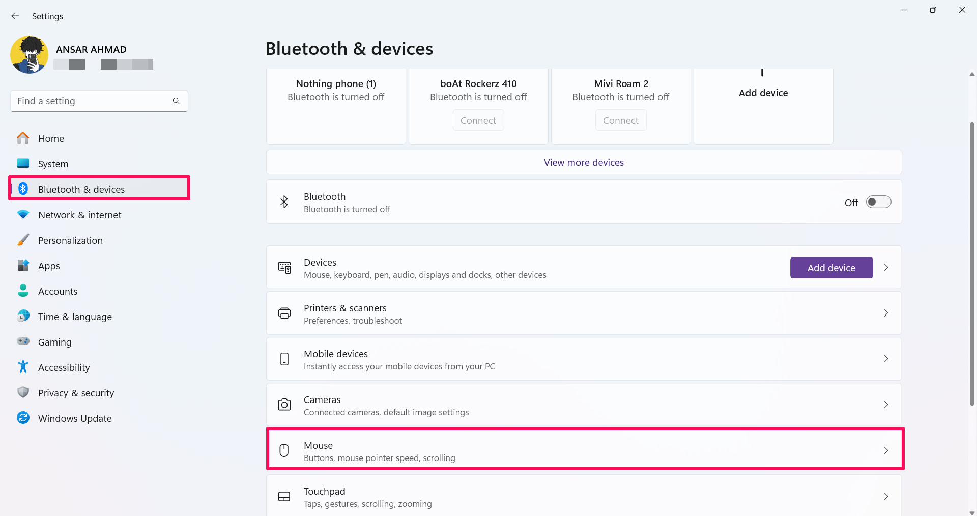 Click on Bluetooth & devices and choose Mouse