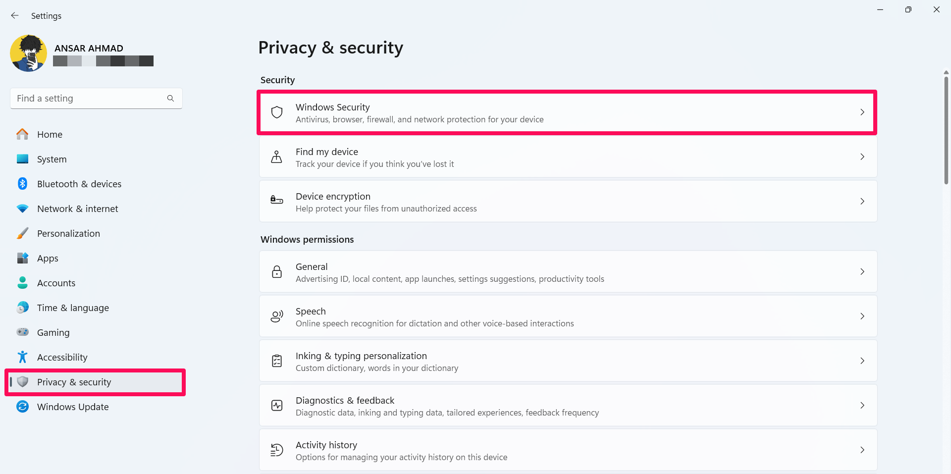 Click on Privacy & security and select Windows security 