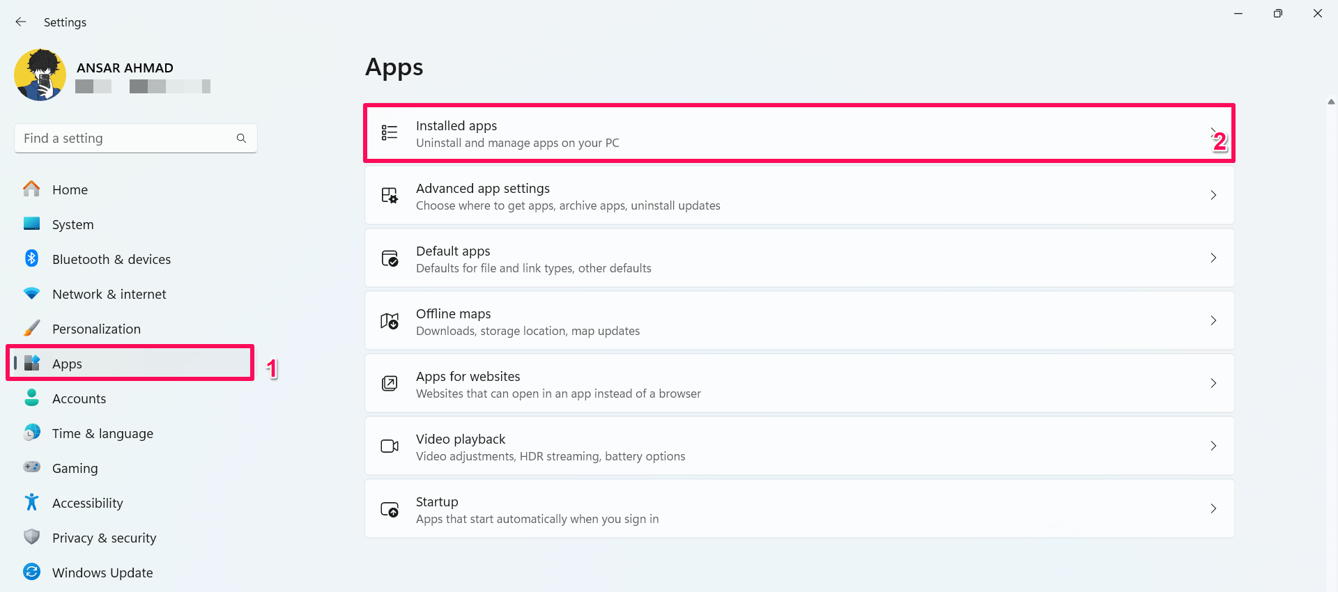 Click Apps and select Installed Apps