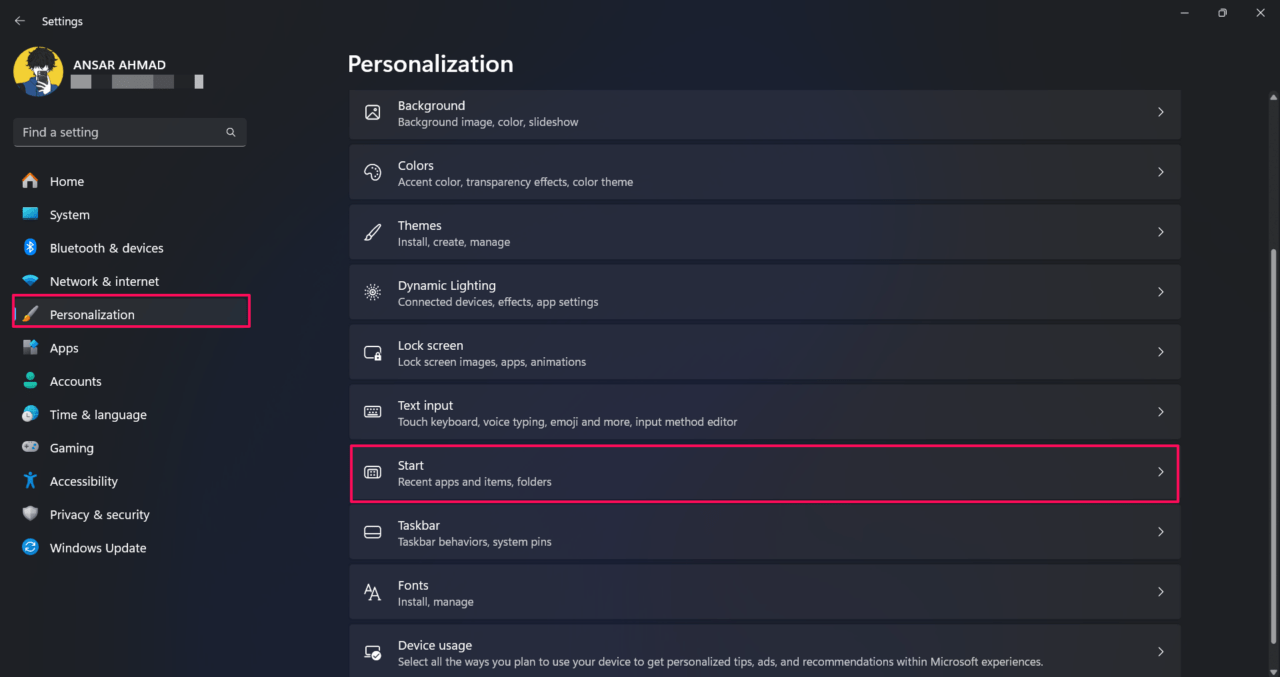 Click on Personalization and select Start