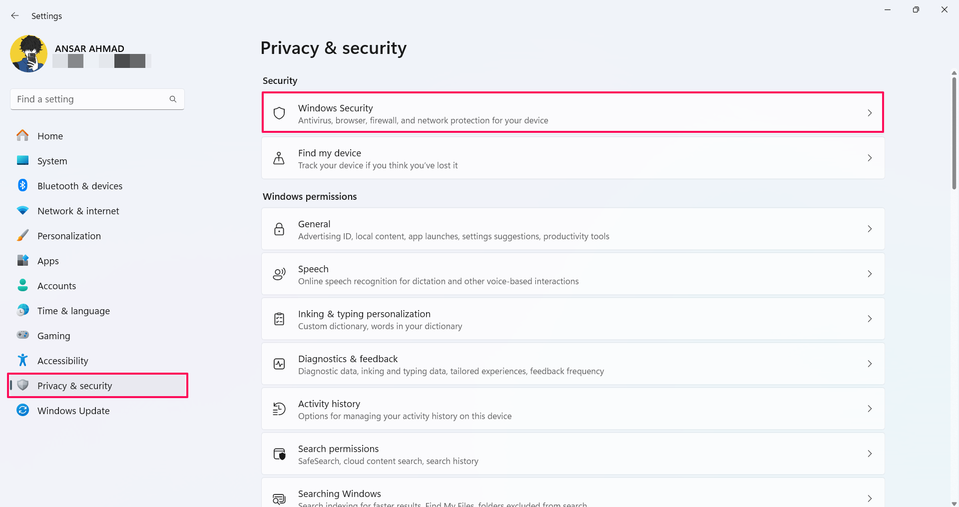 Click on Windows Security from Privacy & security 