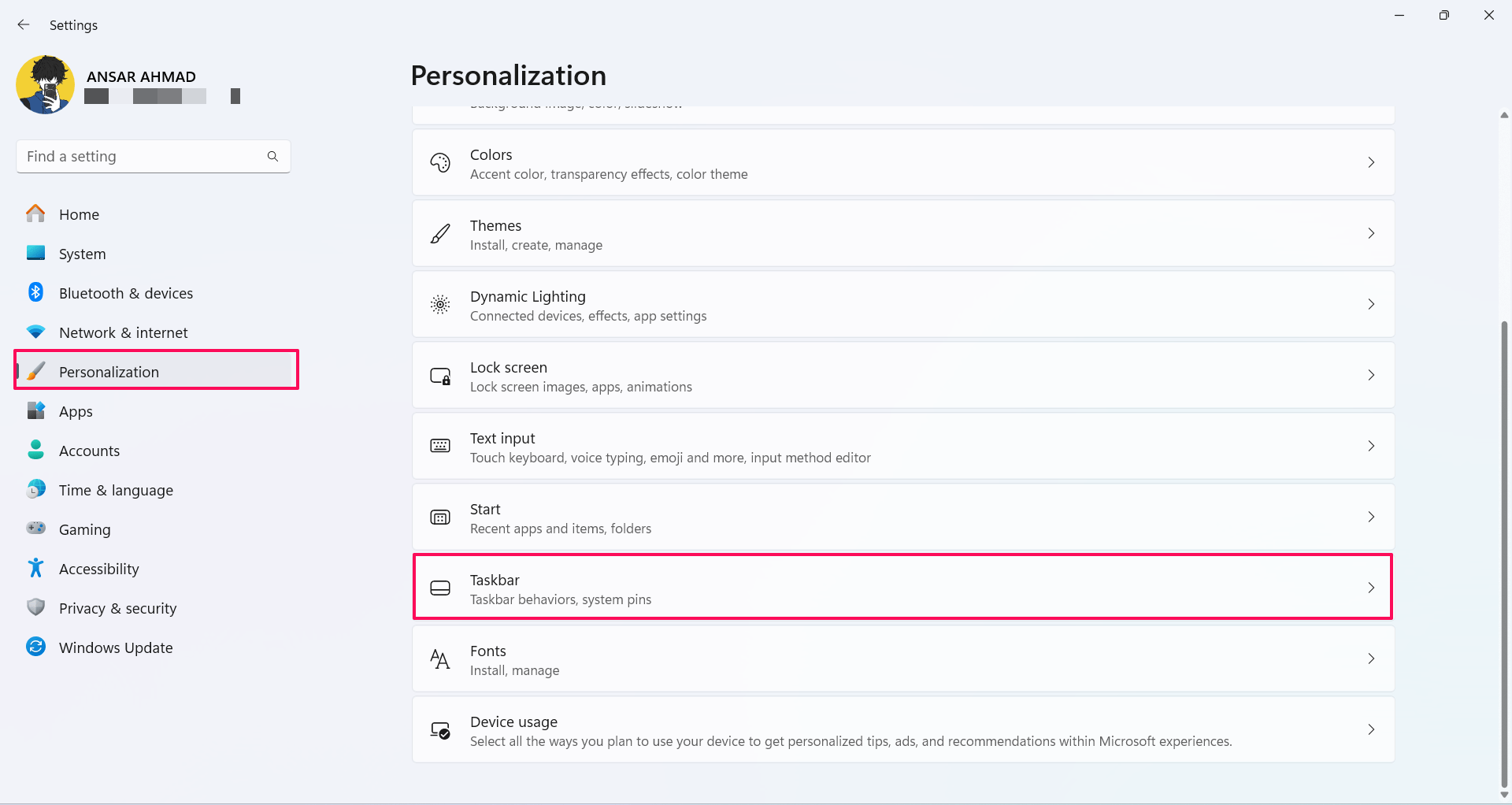 Click on Personalization and choose Taskbar