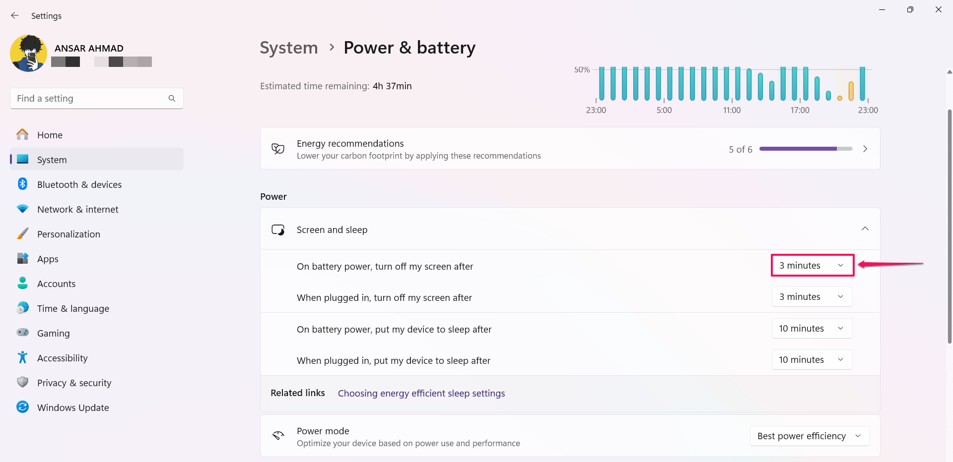 Click on the drop-down menu to increase the screen timeout