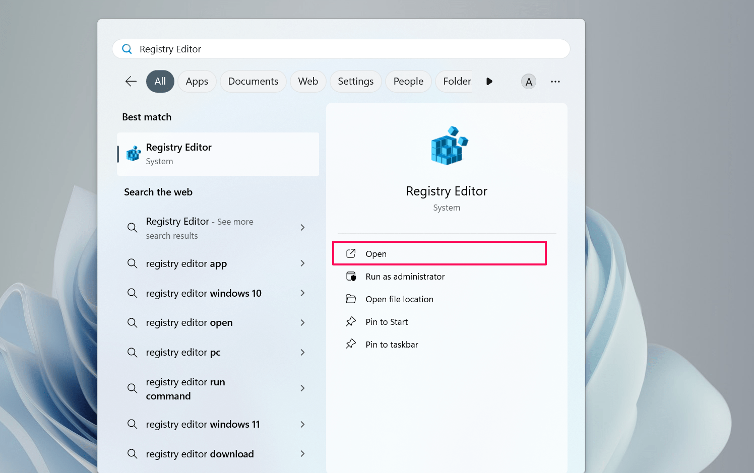 Search for the Registry Editor and click Open
