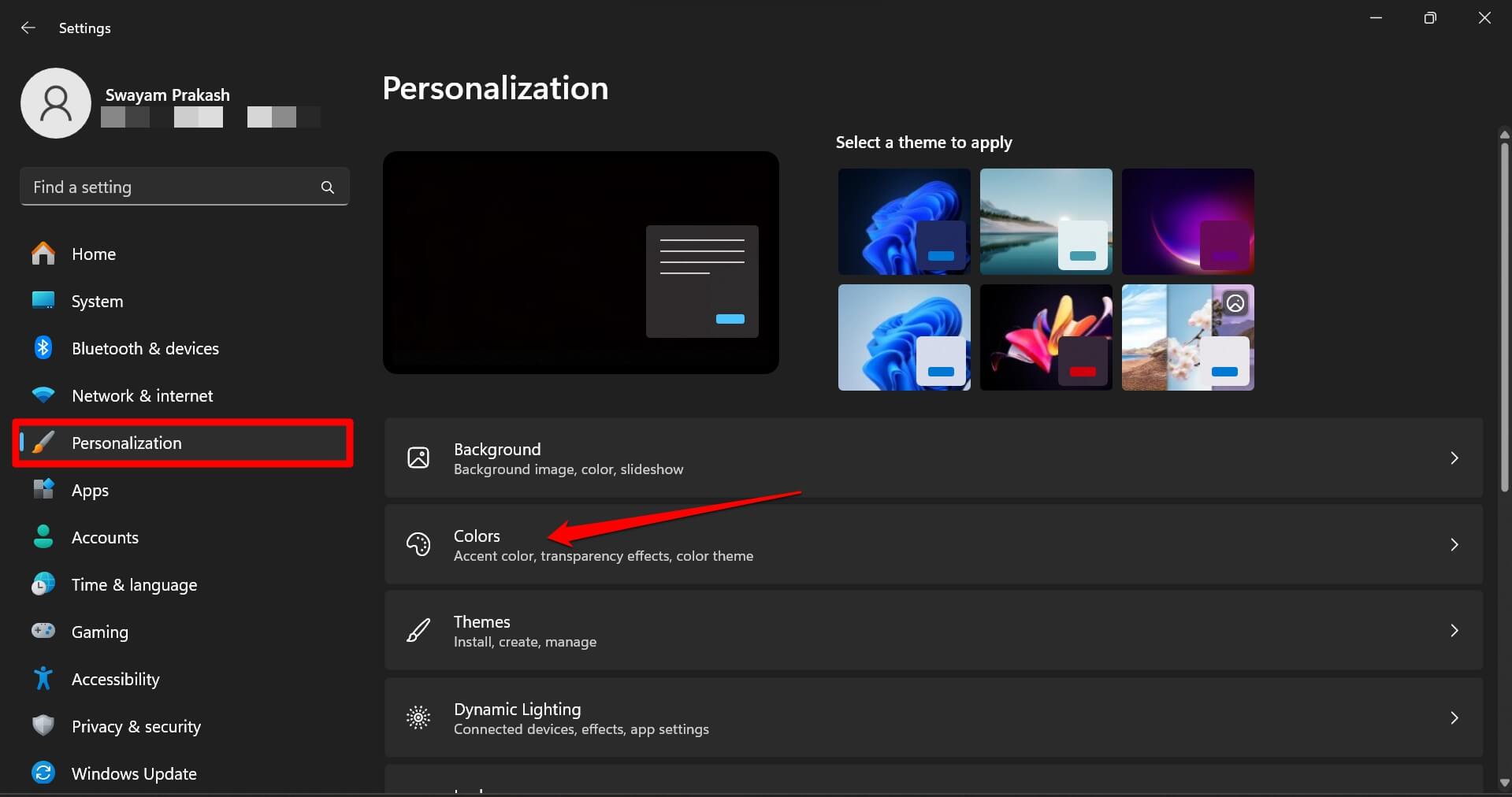 Windows colors personalization settings