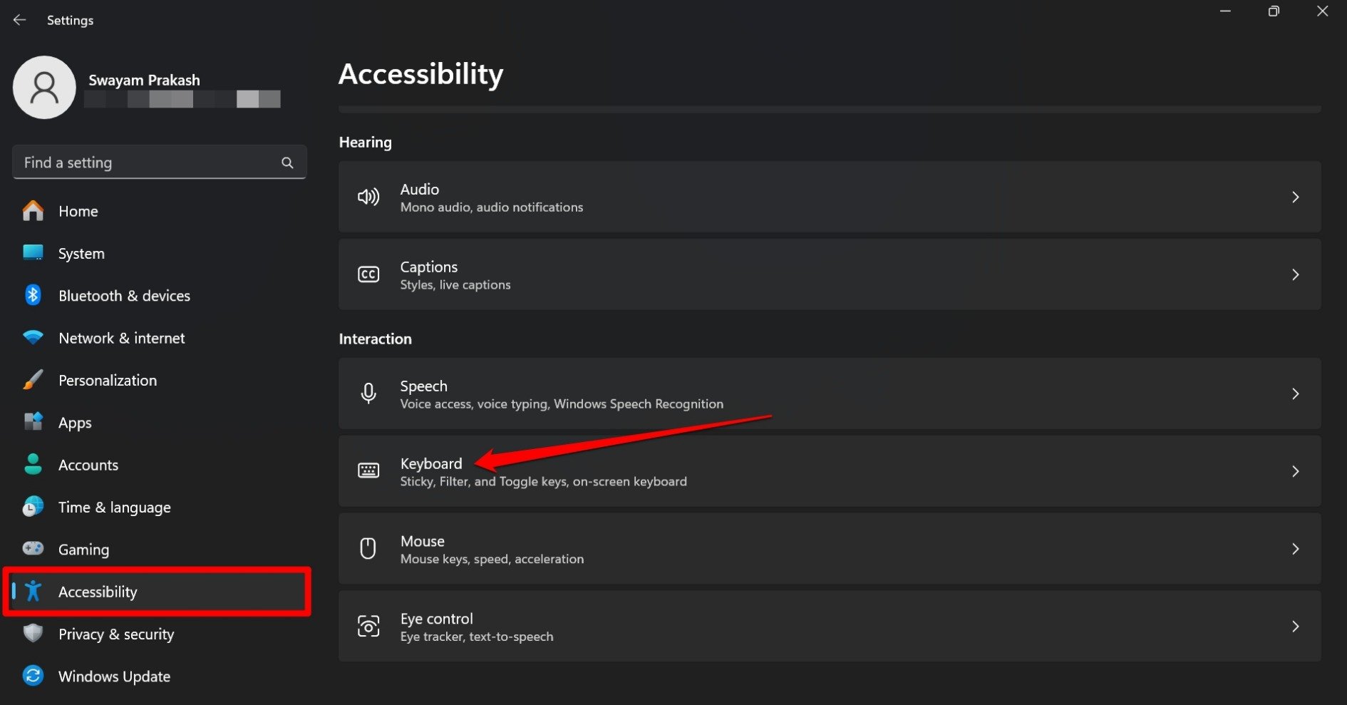 Windows keyboard accessibility settings