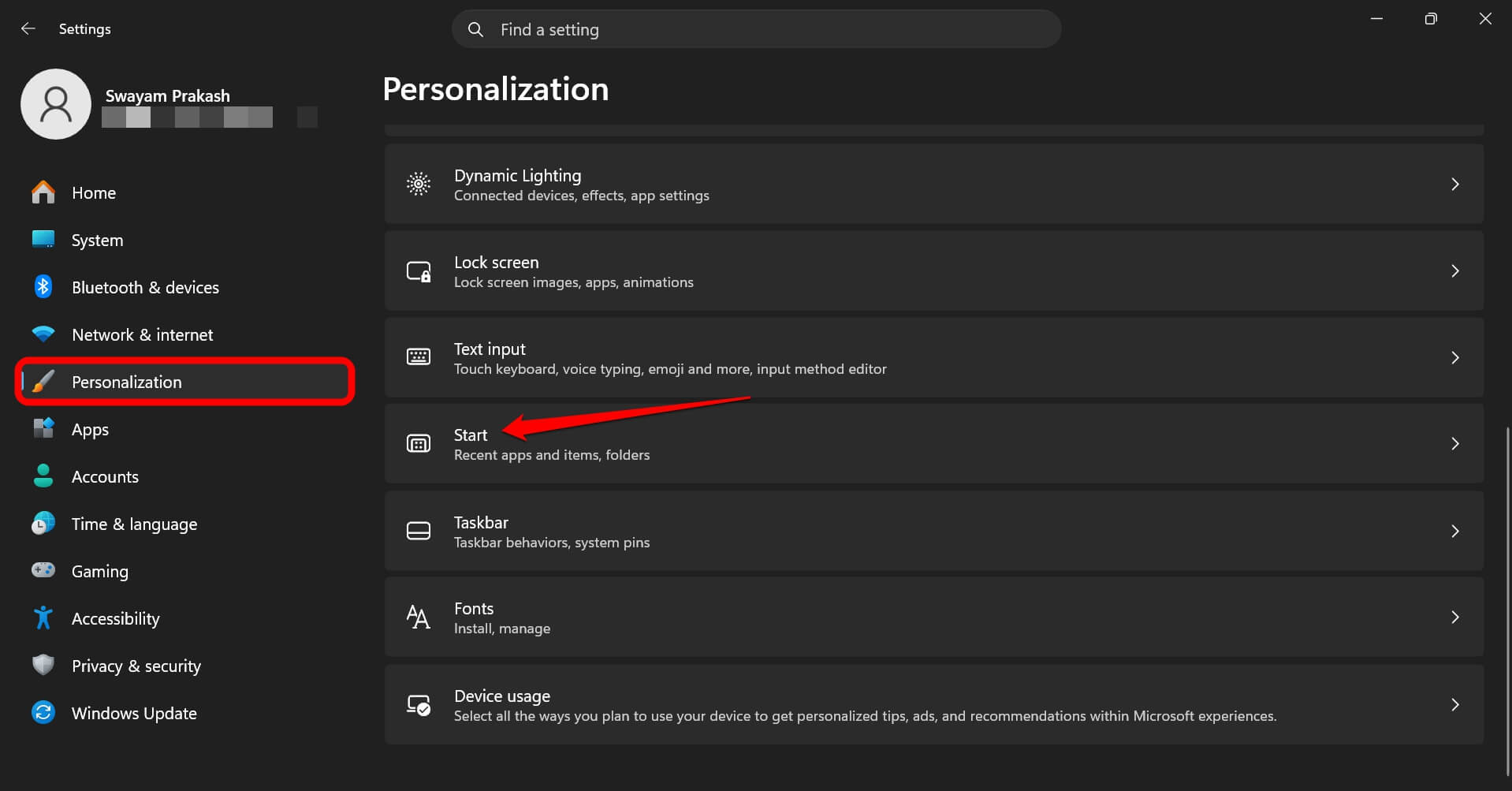Windows start menu personalization