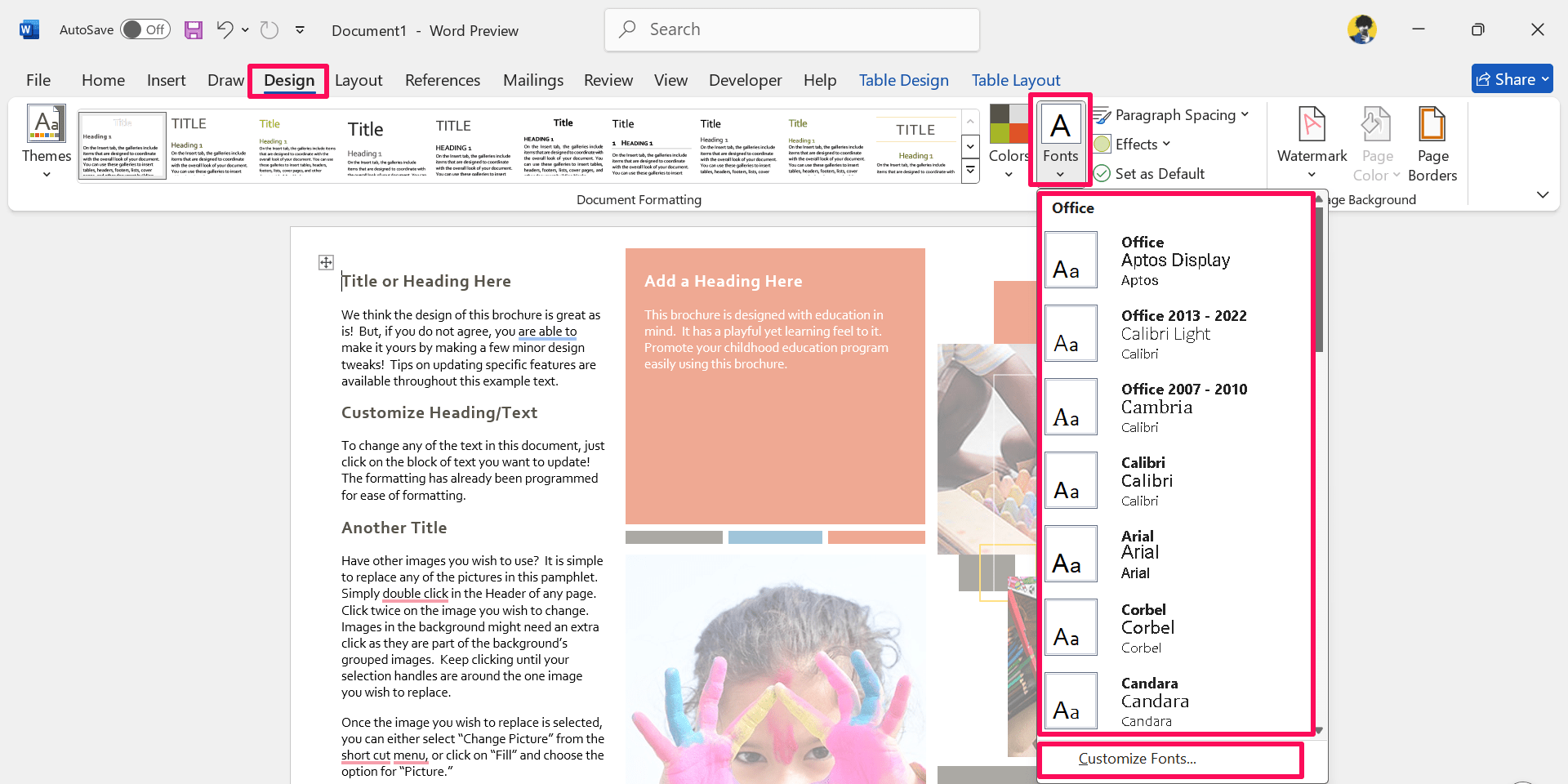 Click on Fonts drop down menu and select the desired font