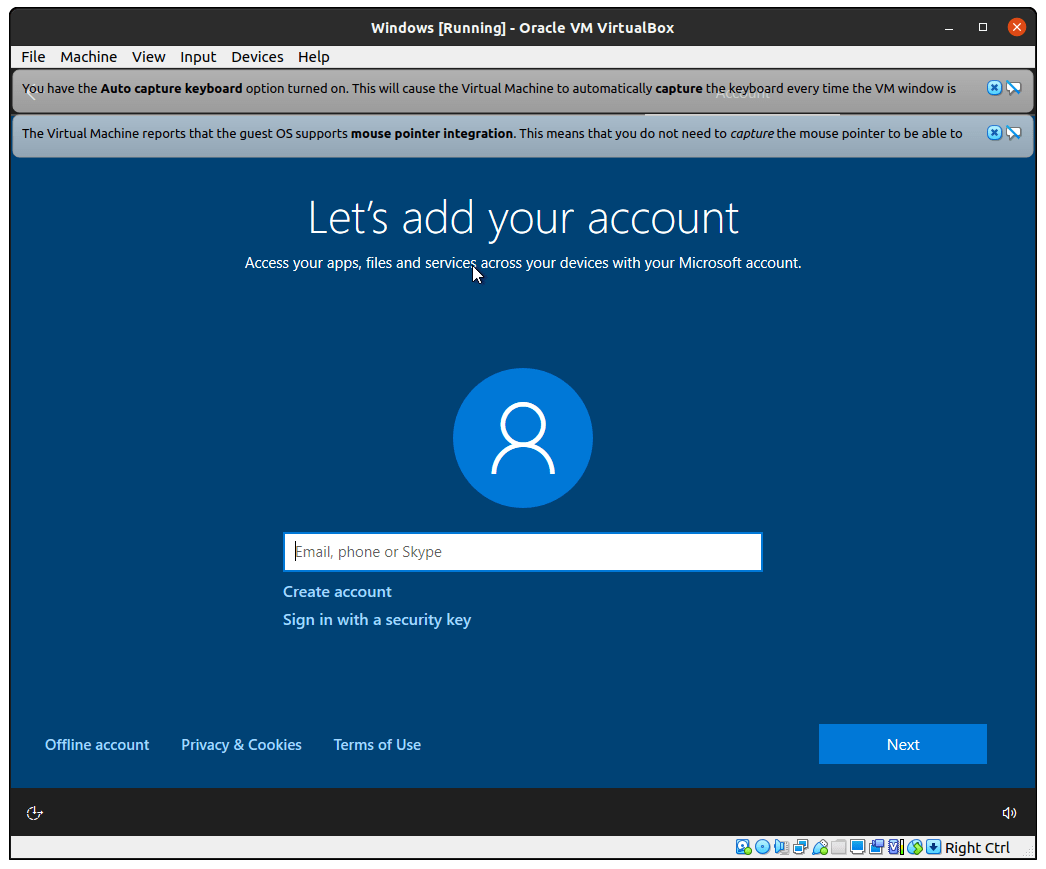 You can sign in to Windows 10 using a Microsoft account or click on “Offline Account” to continue. I prefer “Offline Account” as you get full control over the desktop