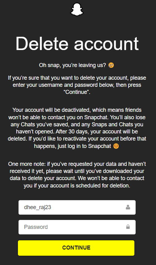 Click on the "CONTINUE" button to confirm the deletion of your Snapchat account.