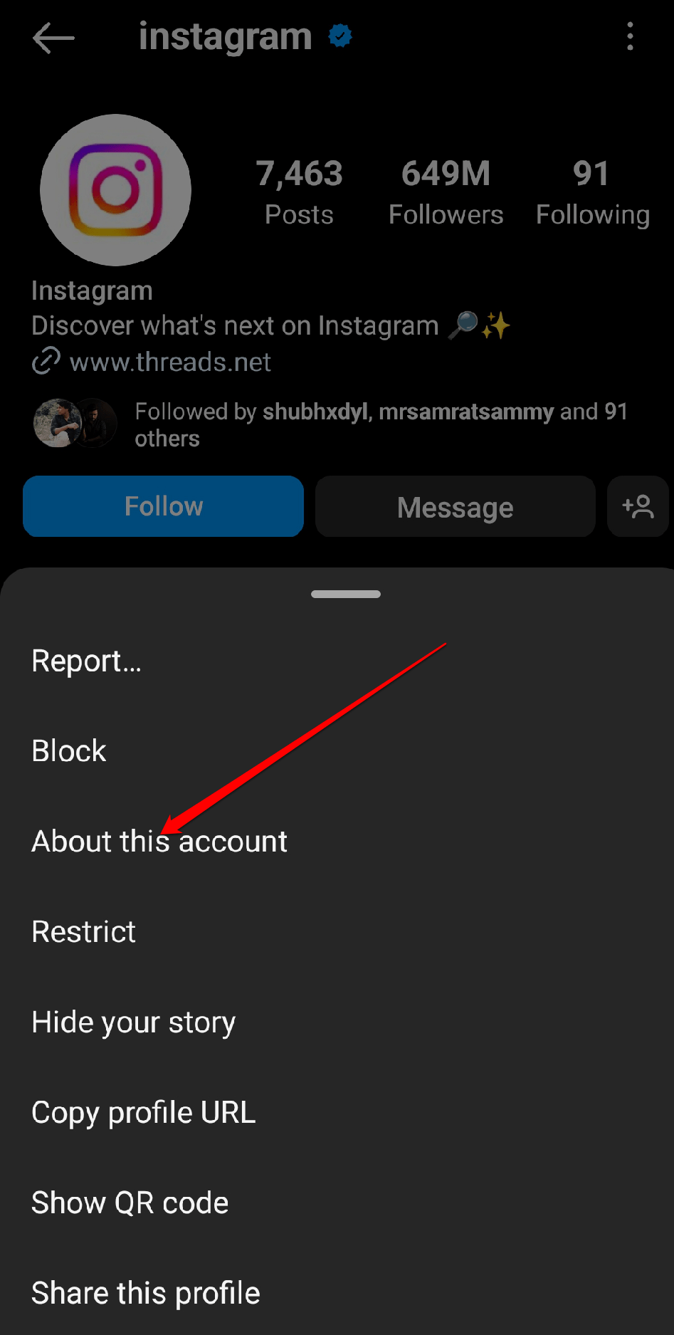 Tap on that username or top right corner option and select About this account.