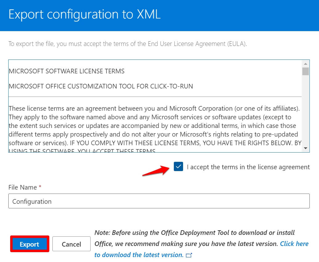 accept the license and export configuration to XML