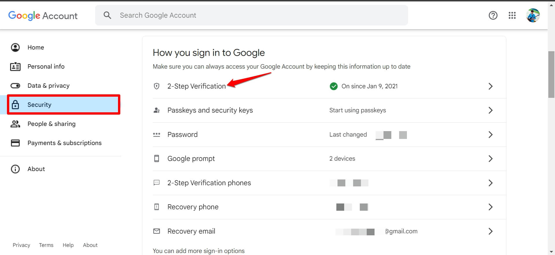 access Google two step verification
