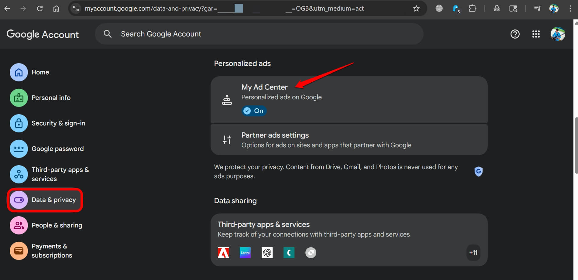 access My Ad center in Google account settings