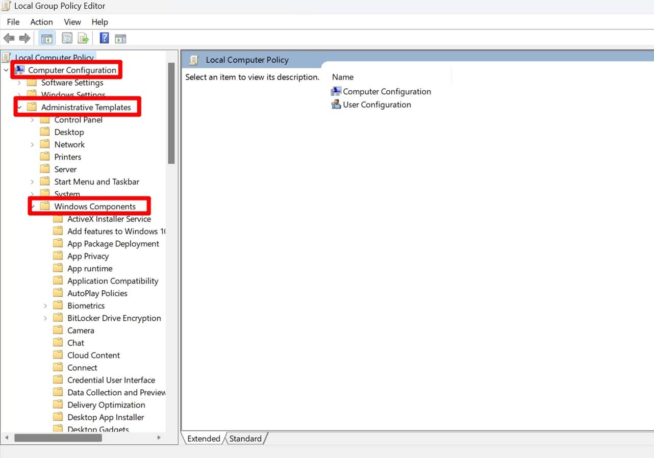 access Windows components on policy editor