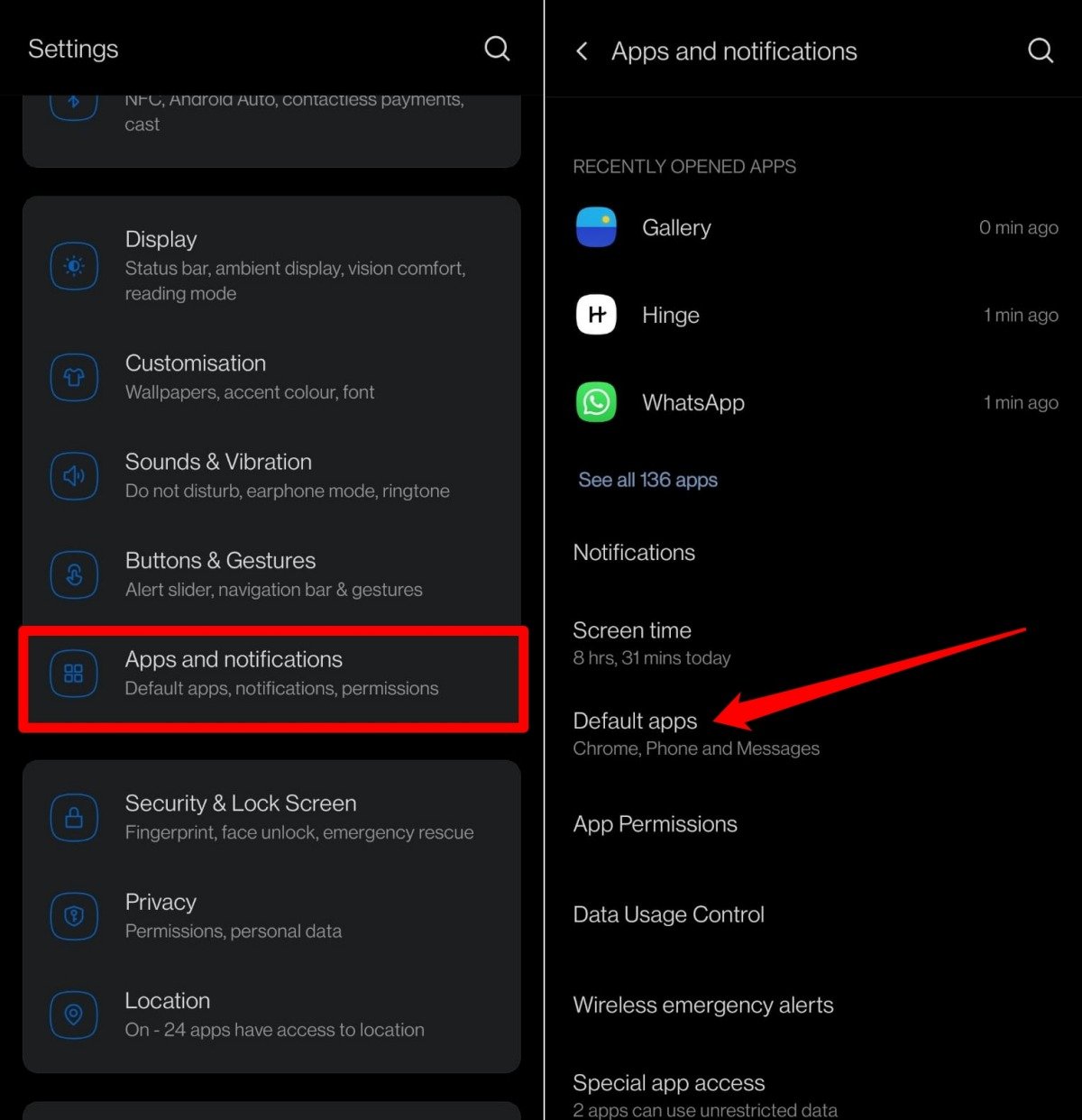 access default apps on android