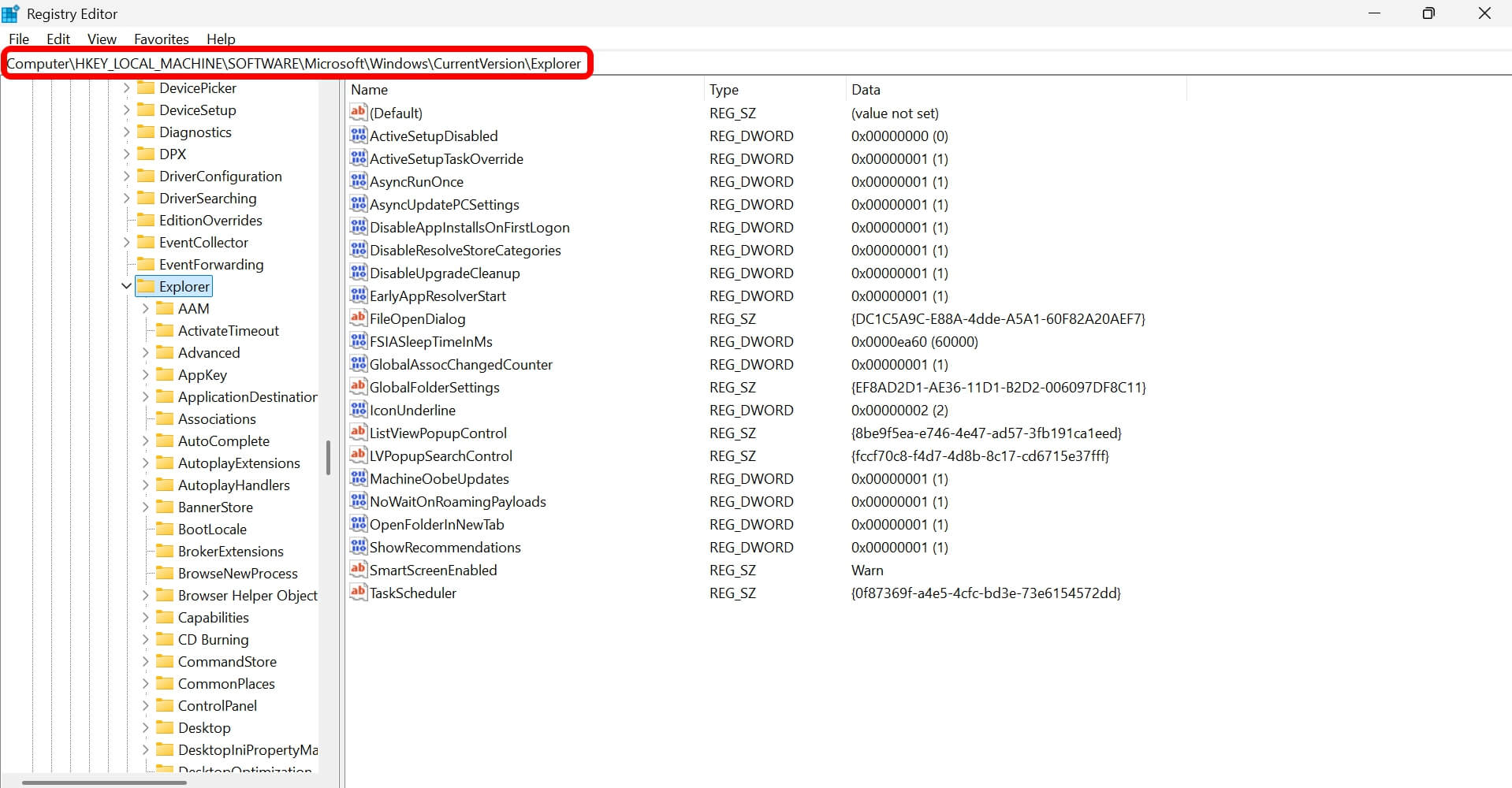 access explorer in Windows registry