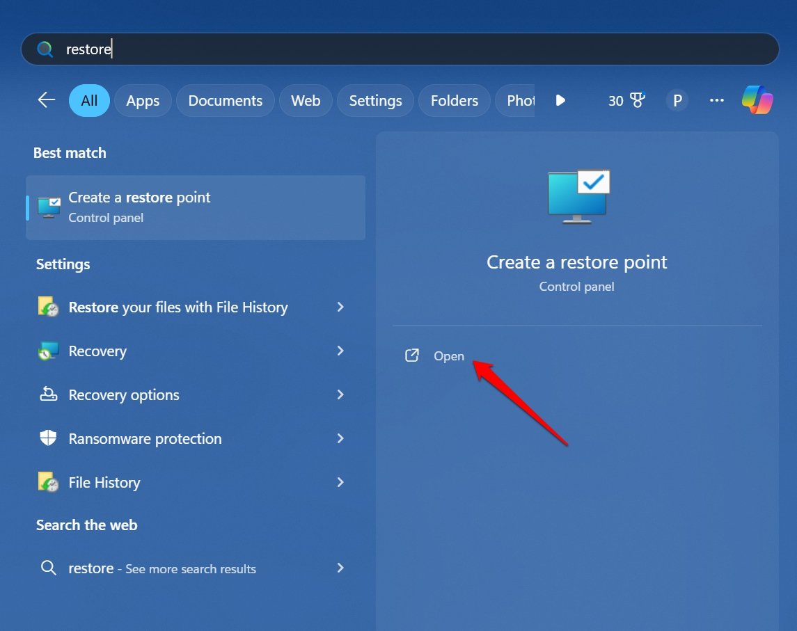 access restore point creation in Windows 11