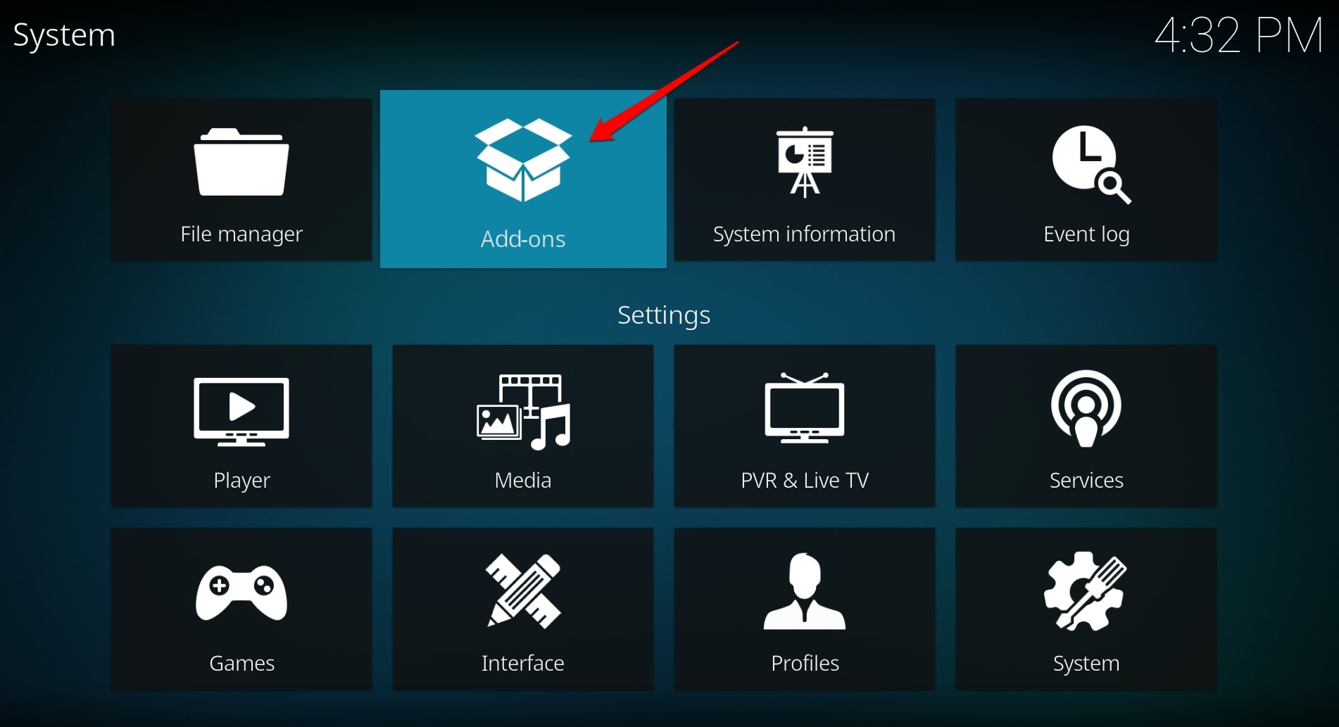 access the add ons in Kodi