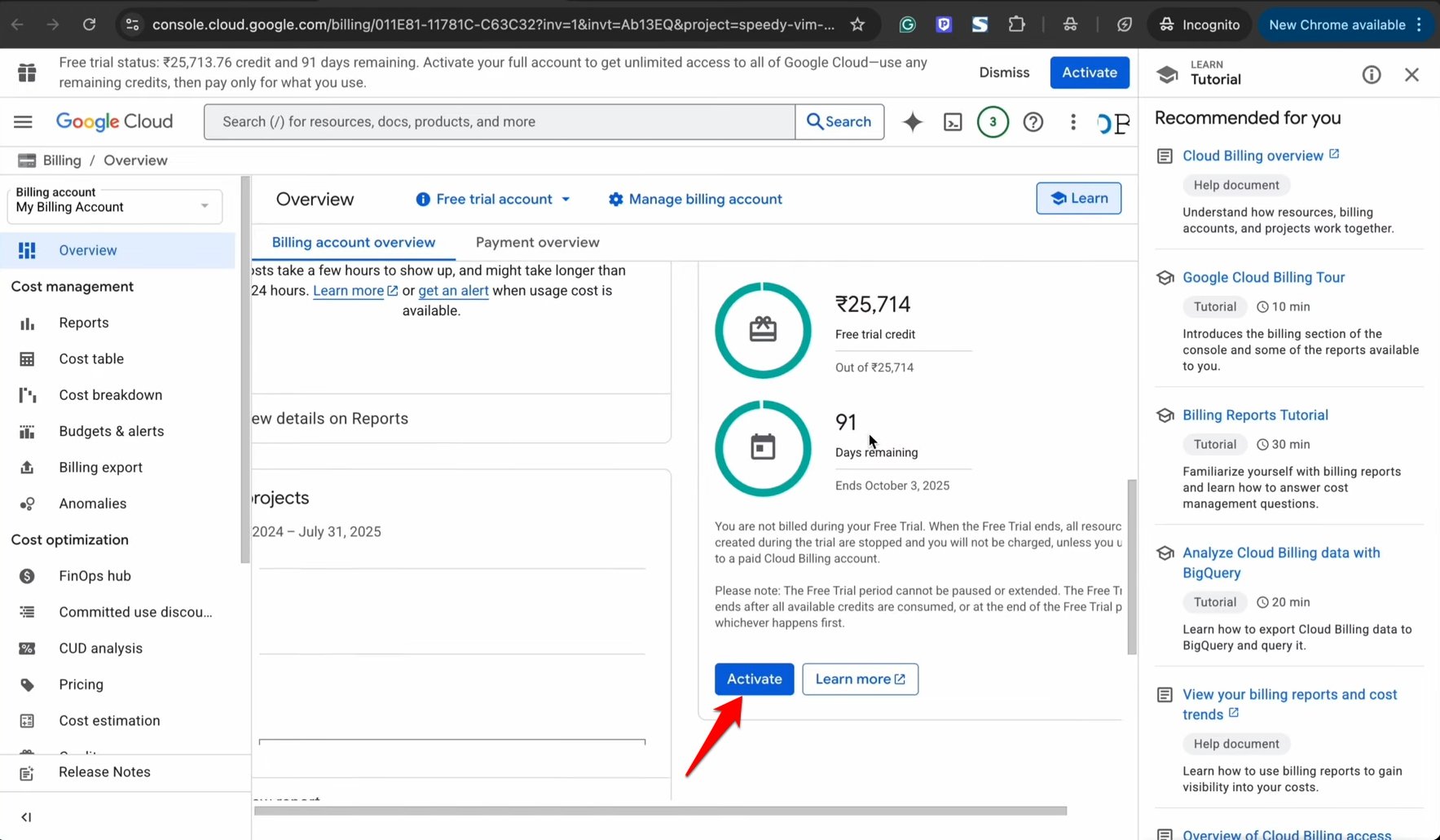 activate free trial of Google cloud credits