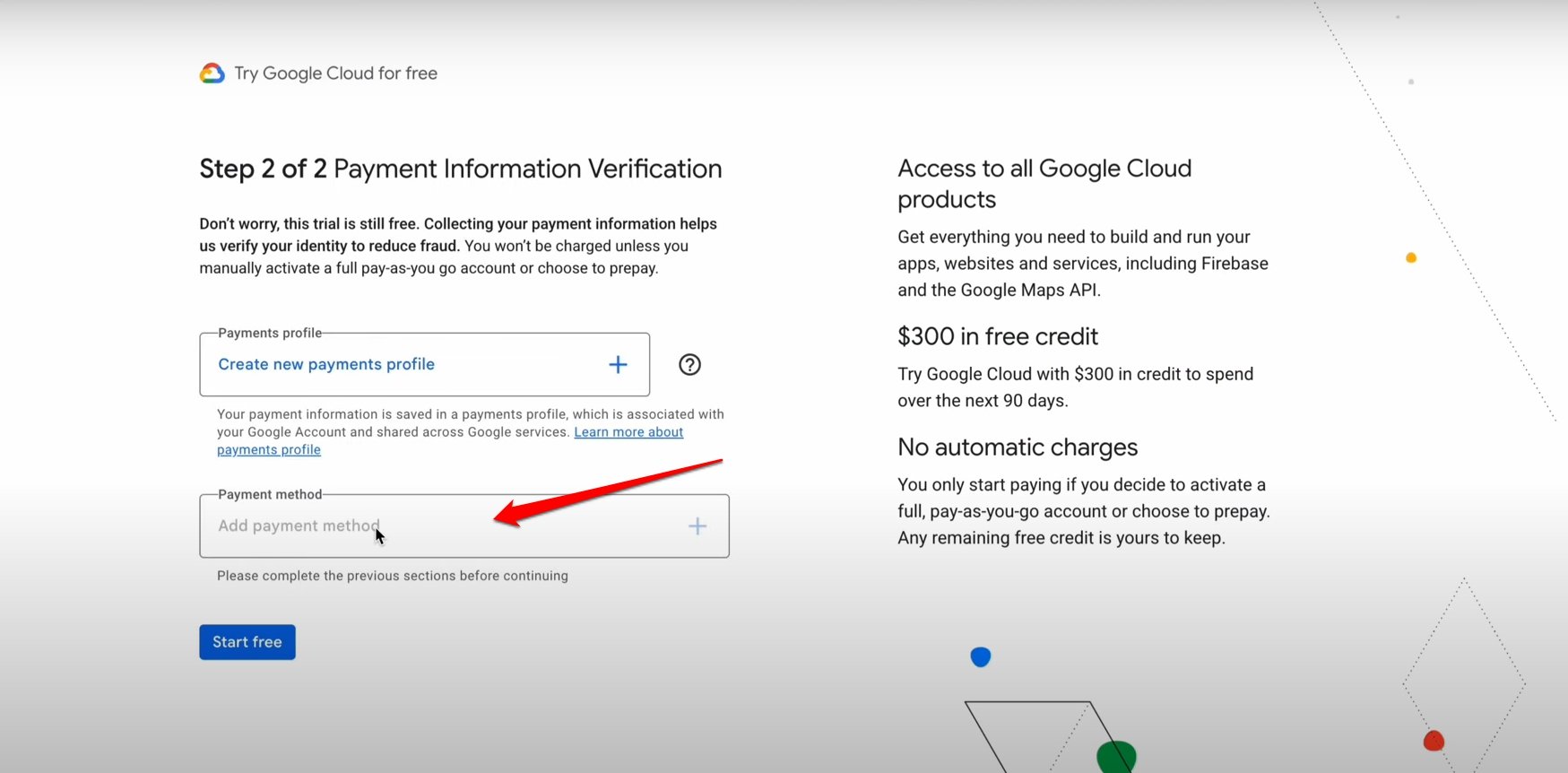 add a new payment method for Google Cloud