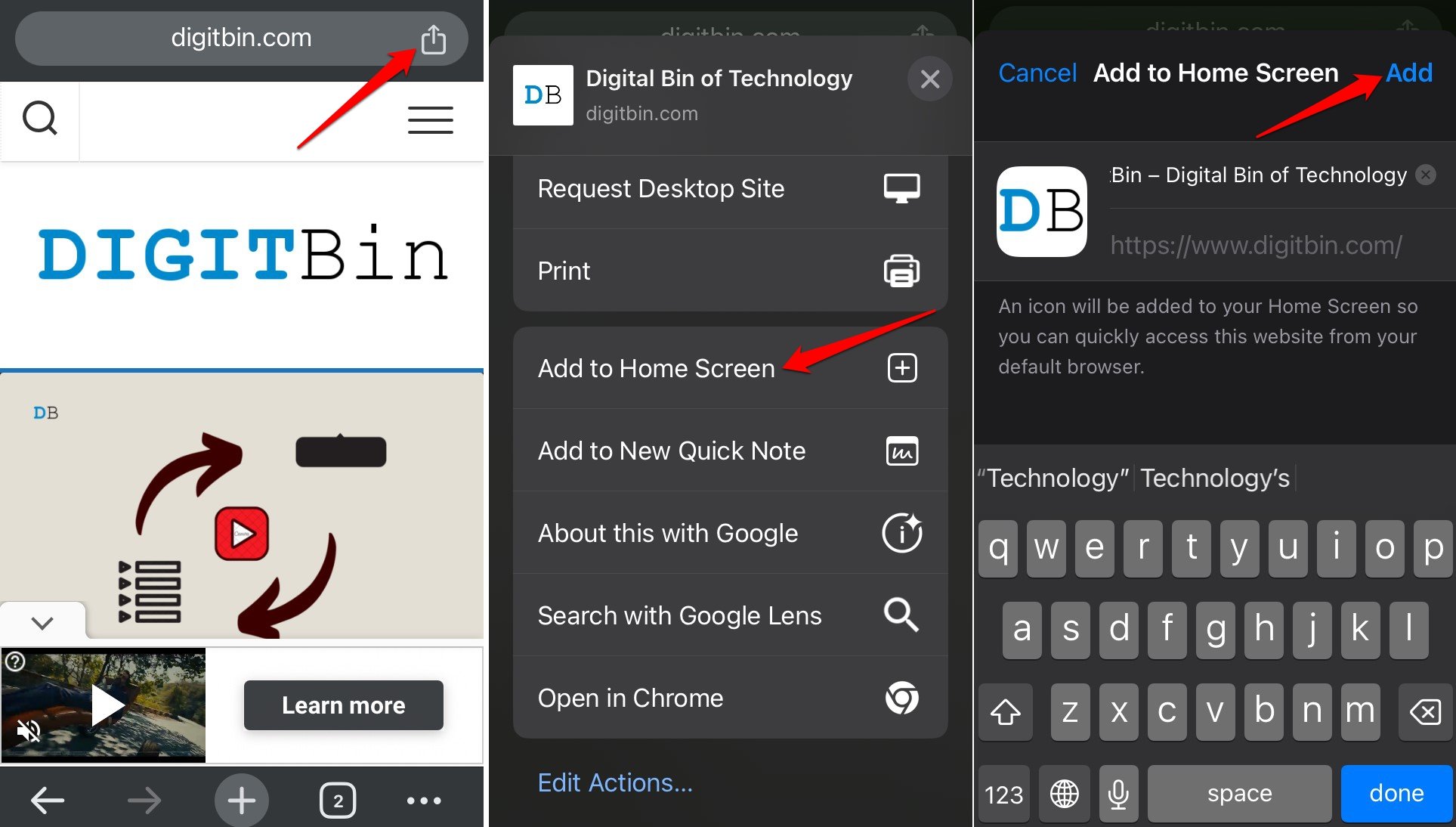 add a site on Chrome browser to iPhone home screen