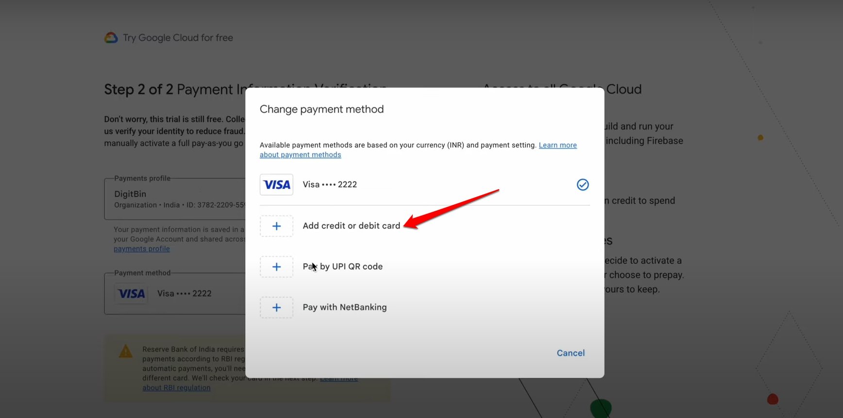 add credit card info for Google Cloud