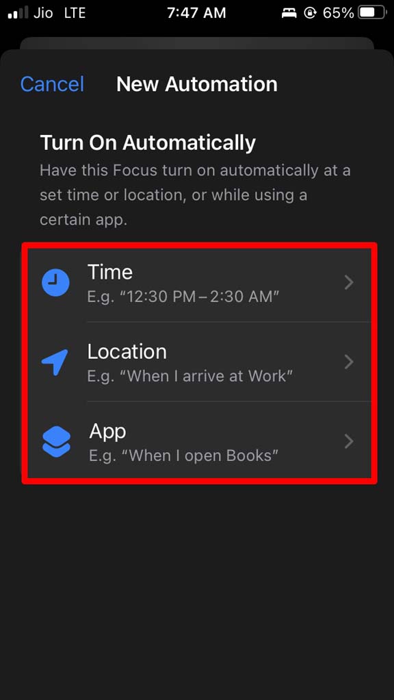 add focus mode automation iOS