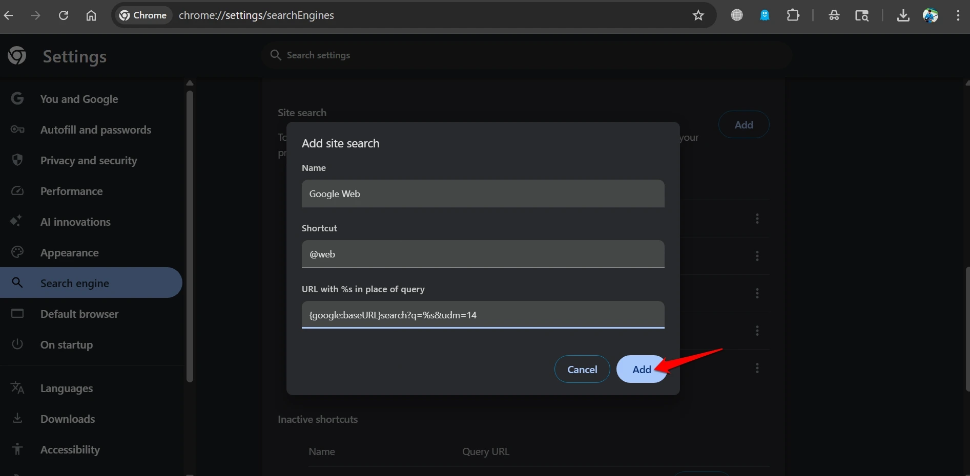 adding Google Web to Chrome site search to-stop AI results